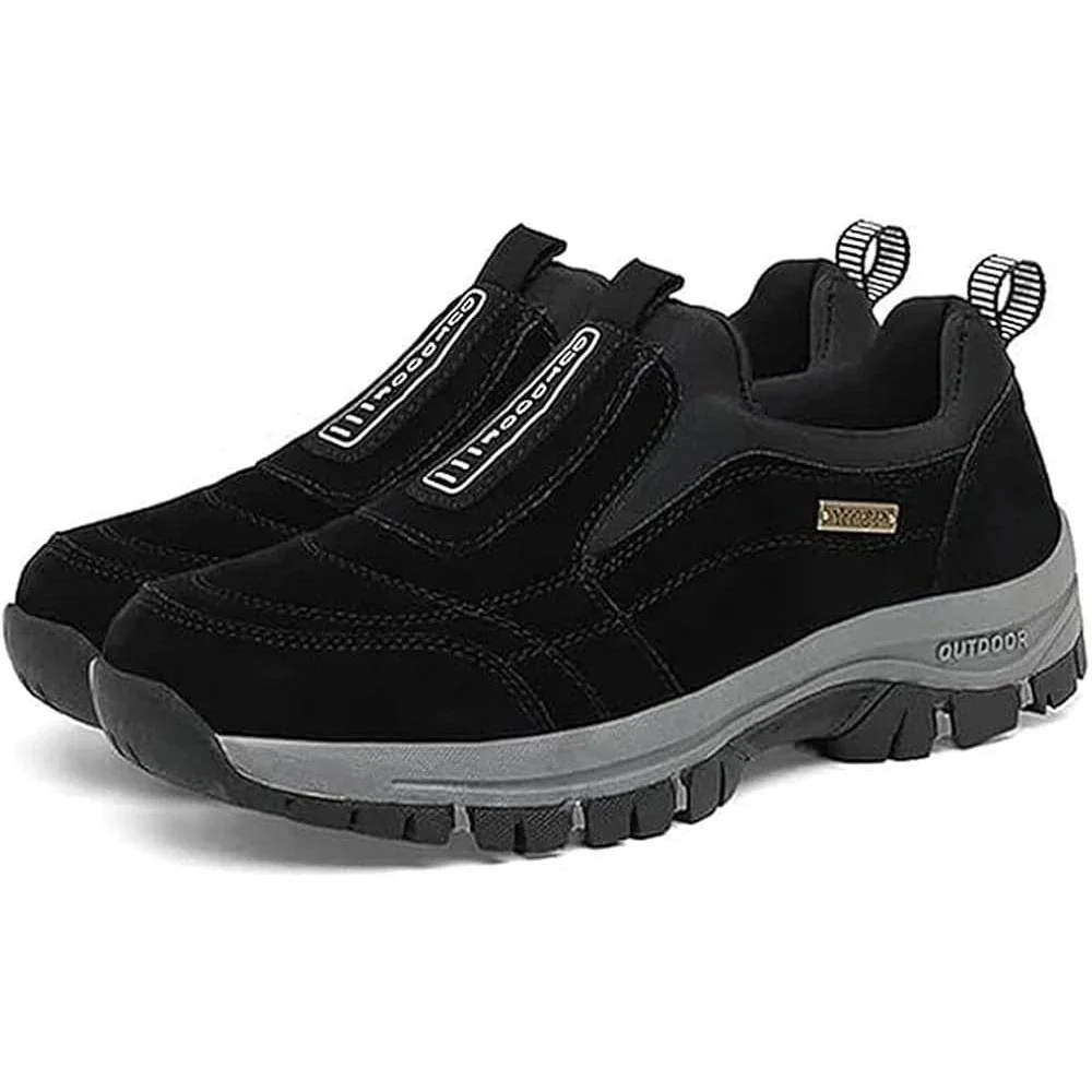 Outdoor Mens Black Suede Slip On Hiking Shoes Rugged Walking Sneakers Black Grey